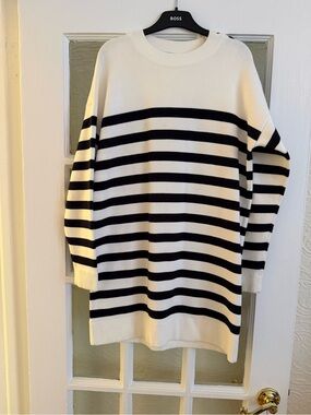 Sezane White and Navy Striped Knit Mini Dress